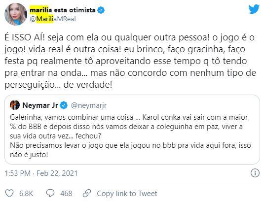 Tweets de Marília e Neymar sobre Karol Conká