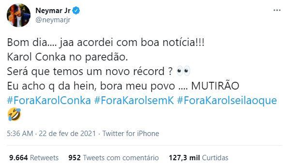 Tweet Neymar sobre Karol Conká