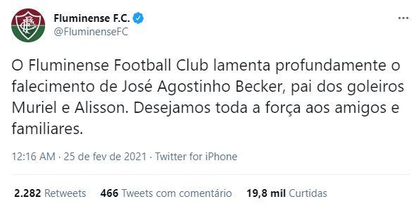 Post do Fluminense sobre morte de pai de goleiros