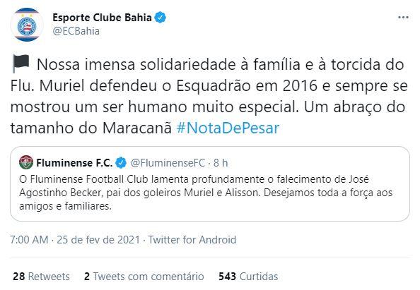 Post do Bahia com retweet sobre morte de pai de goleiros