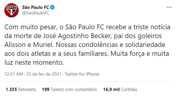Post do São Paulo sobre morte de pai de goleiros
