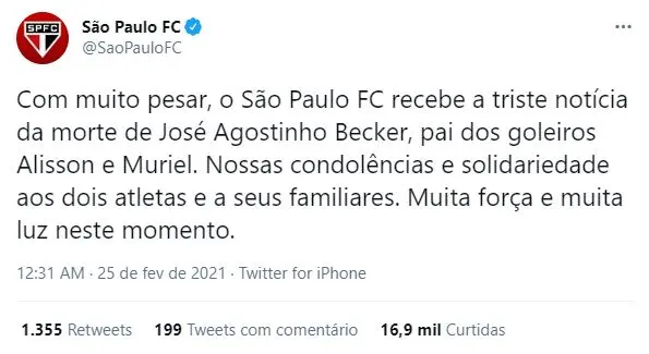 Post do São Paulo sobre morte de pai de goleiros