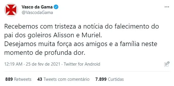 Post do Vasco sobre morte de pai de goleiros