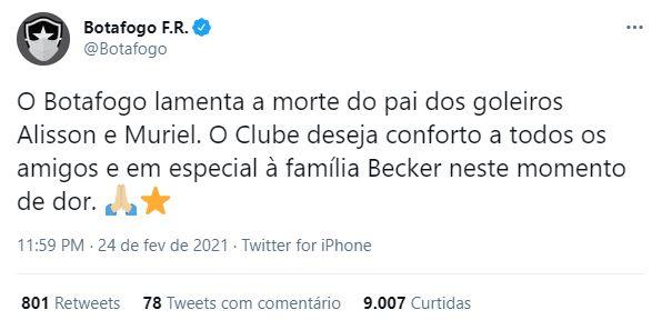 Post do Botafogo sobre morte de pai de goleiros