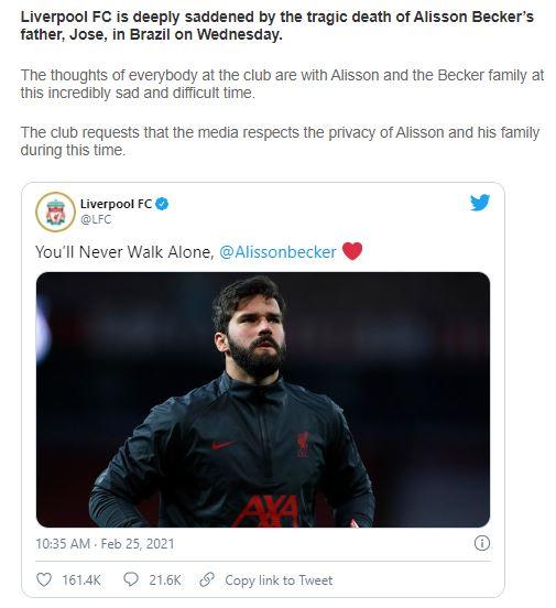 Nota do Liverpool sobre morte do pai de Alisson