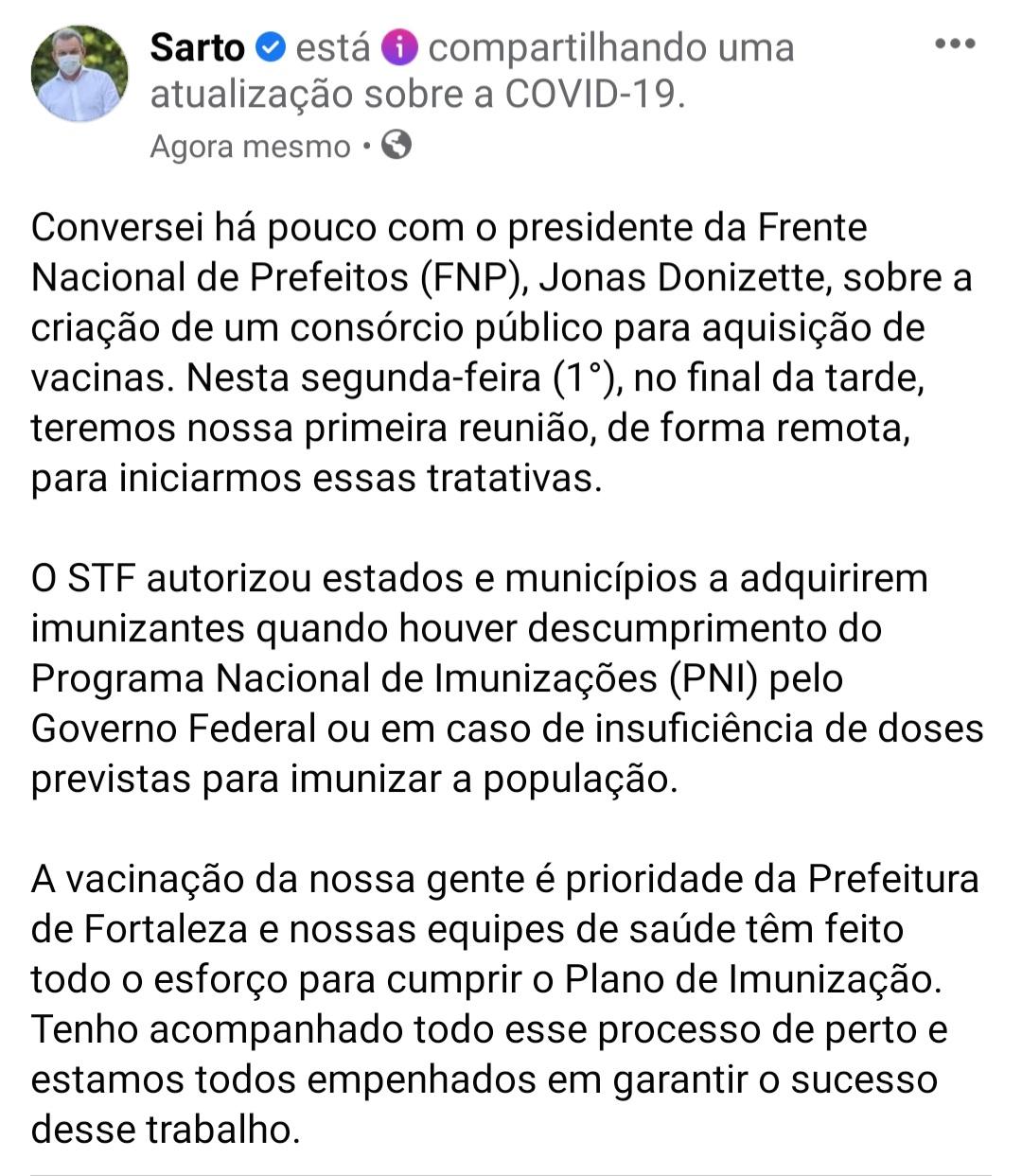 Reprodução do facebook do Sarto Nogueira que fala sobre consórcio de vacinas