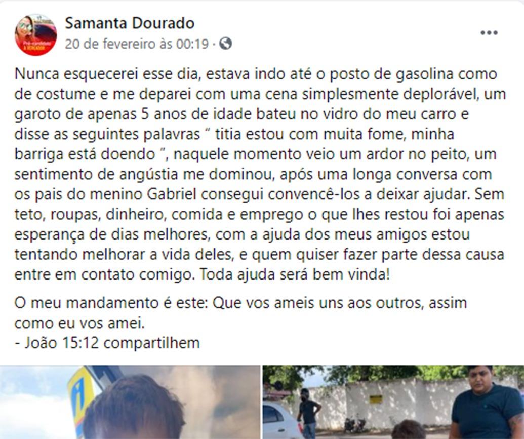 Postagem da Samanta Dourado nas redes sociais