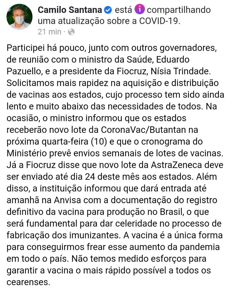 Post do governador Camilo Santana nas redes sociais