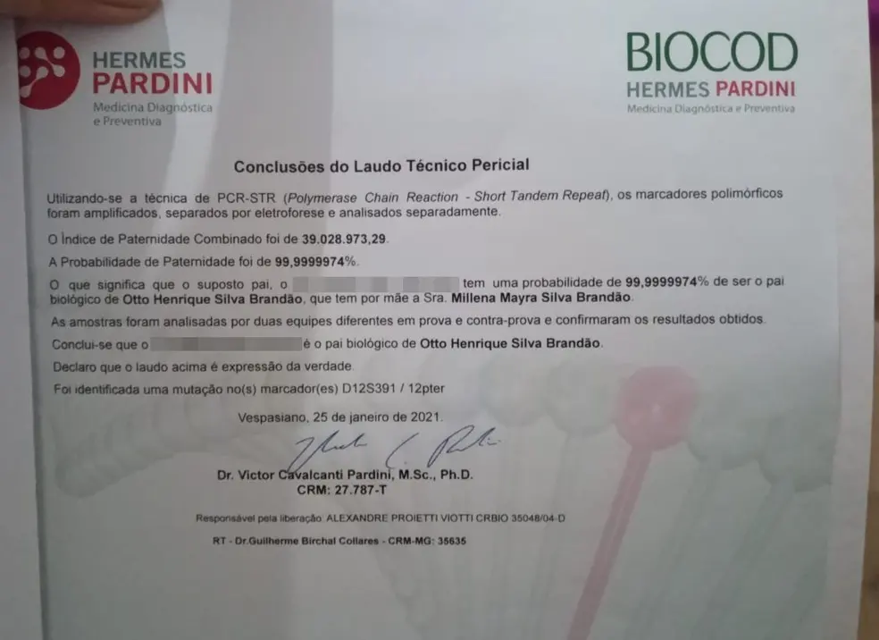 Teste de DNA comprovando paternidade