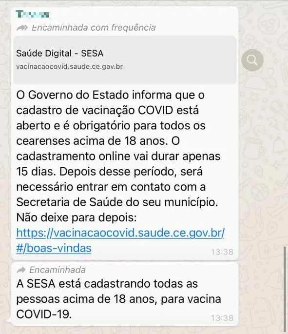 Mensagem que circula nas redes sociais e contém informações não confirmadas sobre o cadastro para vacinação contra a Covid-19