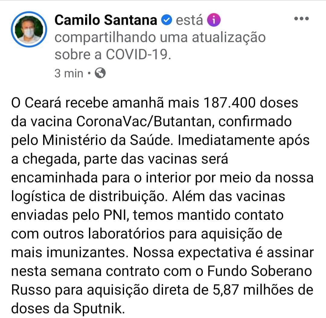 Camilo Santana faz post informando chegada de novo lote de vacinas contra Covid-19