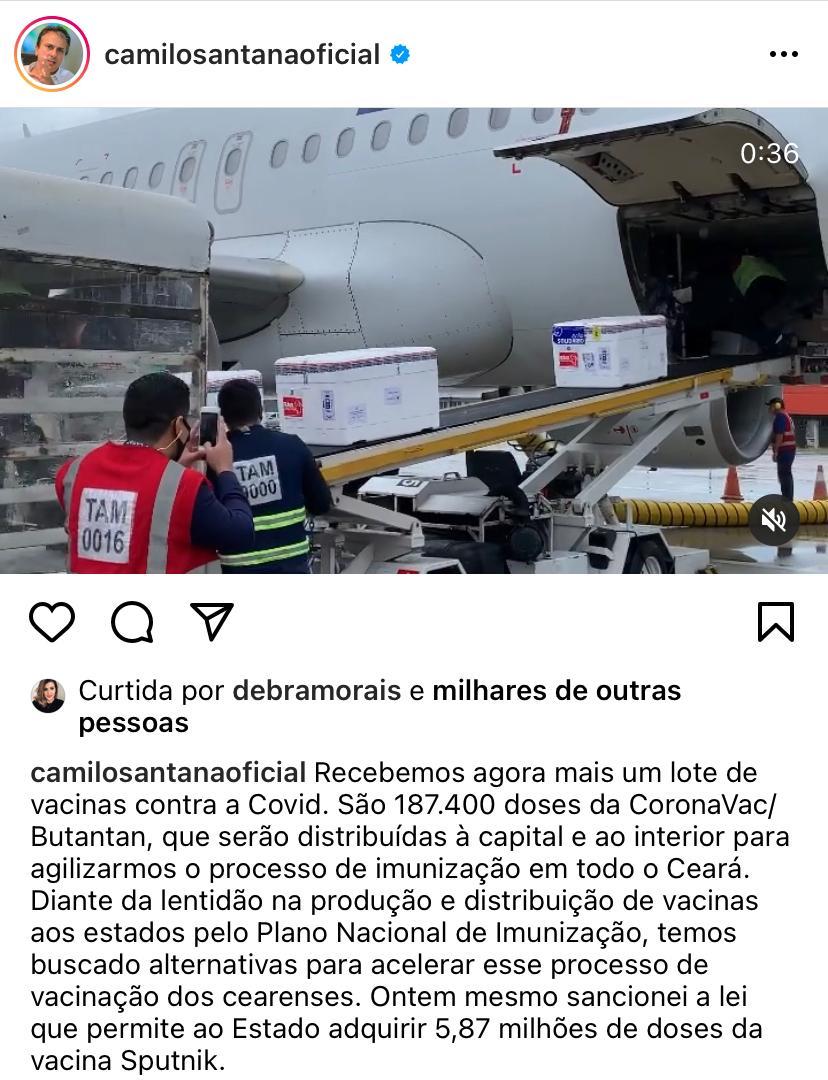 Camilo Santana anuncia chegada de mais doses da vacina contra a Covid-19 no Ceará