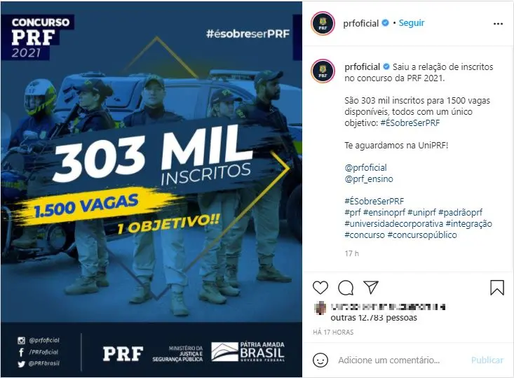 Postagem da PRF sobre concurso