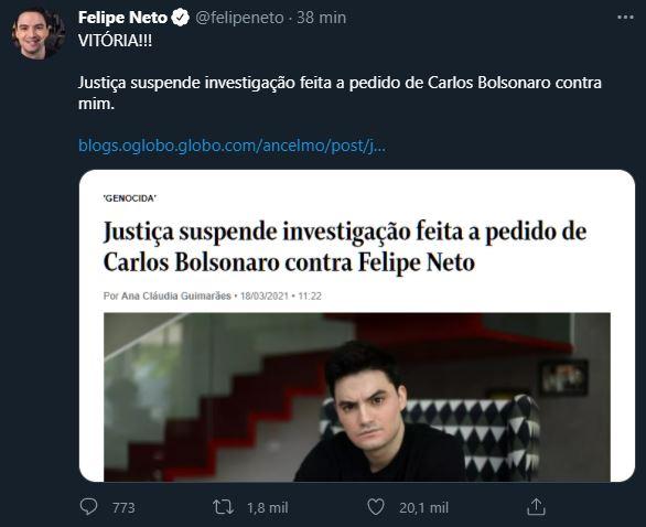 Felipe Neto comemora decisão da Justiça do Rio