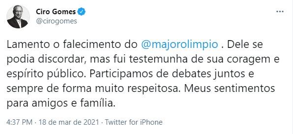 Ciro Gomes lamentando o falecimento de Major Olímpio por Covid-19