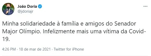 Chefe do Executivo de São Paulo se pronunciou sobre a morte do senador