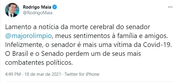 Rodrigo Maia, que lamentou a morte de Major Olímpio