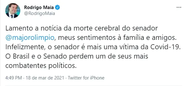 O ex-presidente da Câmara, Rodrigo Maia, publicou mensagem em seu Twitter