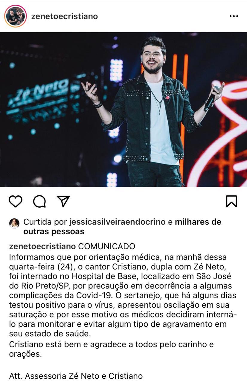 Post no Instagram da dupla Zé Neto e Cristiano, que está com covid