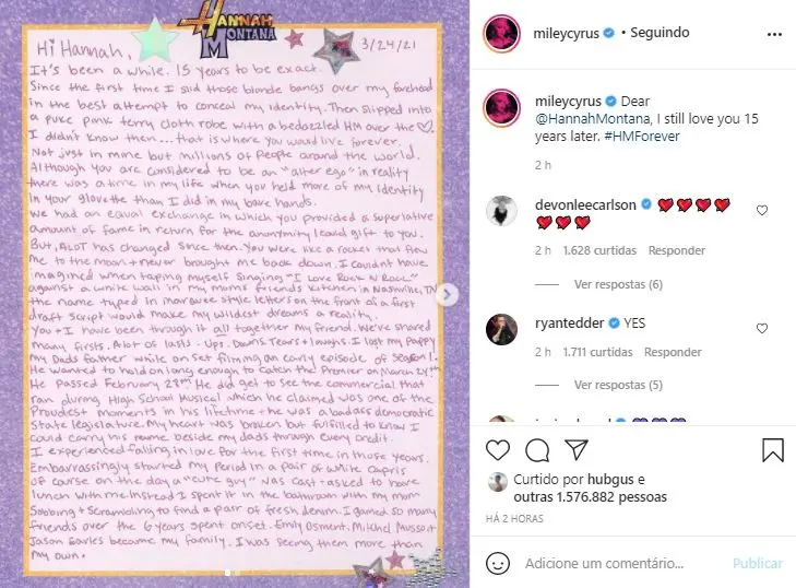 Carta de Miley à Hannah Montana