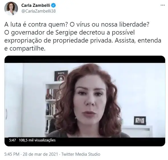 Tweet de deputada Carla Zambelli com desinformação