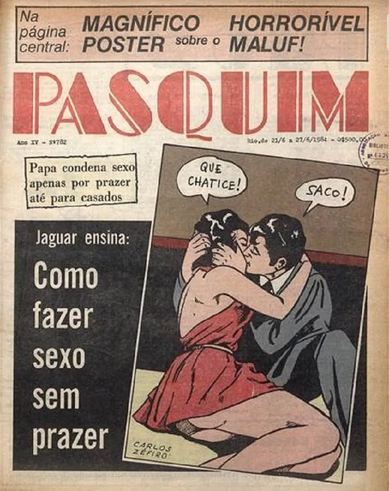 Uma das manchetes do Pasquim, publicada em uma das edições de junho de 1984