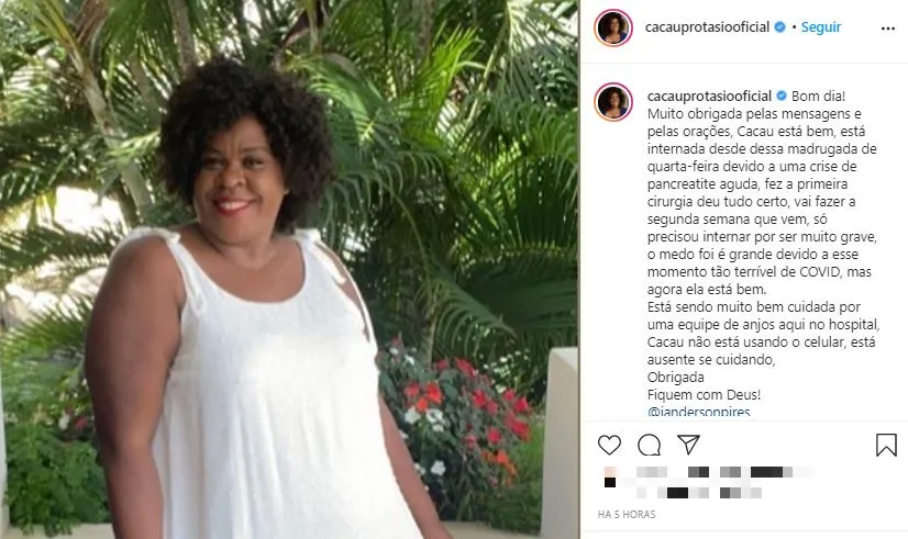 O marido da atriz, Janderson Pires, usou as redes para comunicar o tratamento