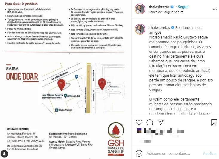 Segundo Bretas, a transfusão aconteceu por conta do tratamento com ECMO