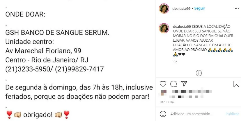 Déa Lúcia pediu pela doação à banco de sangue
