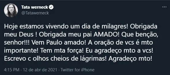 Tata Werneck tem falado sobre as oração para a recuperação de Paulo Gustavo