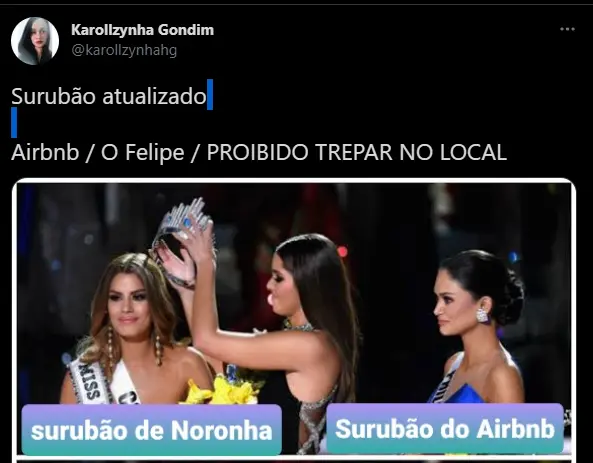 Print de tuíte sobre meme da orgia do Airbnb