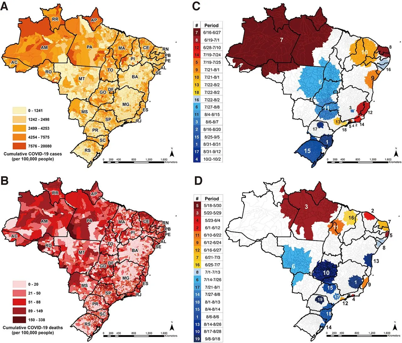 Propagação do coronavírus no país em diferentes momentos de 2020