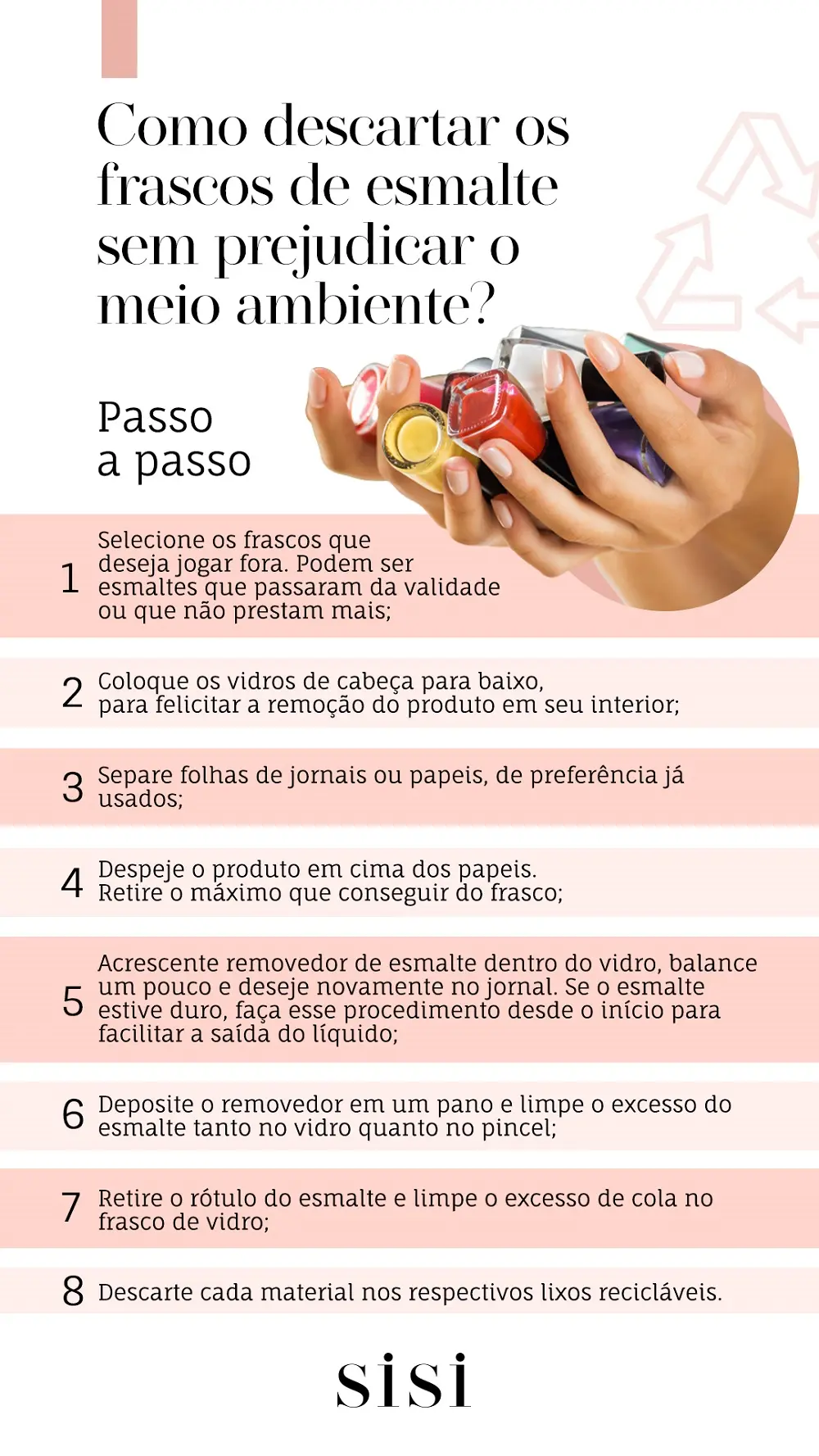 Confira dicas da SISI para realizar o descarte correto dos frascos de esmalte.