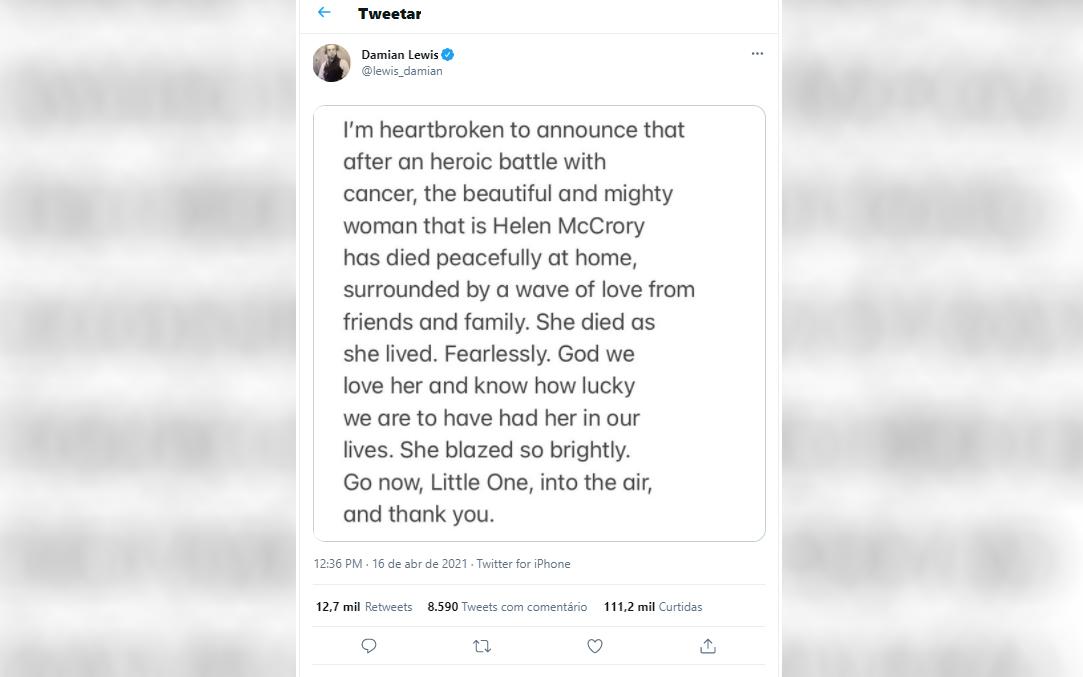 Mensagem publicada em rede social por Damian Lewis sobre a morte de Helen McCrory
