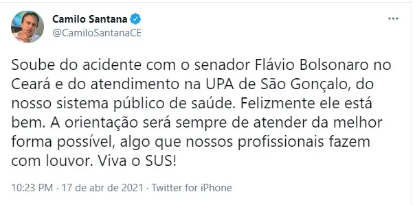 Governador também se mostrou aliviado pelo estado de saúde do senador.
