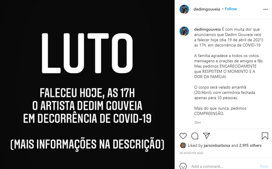 Postagem do perfil oficial de Dedim Gouveia, que morreu de Covid-19