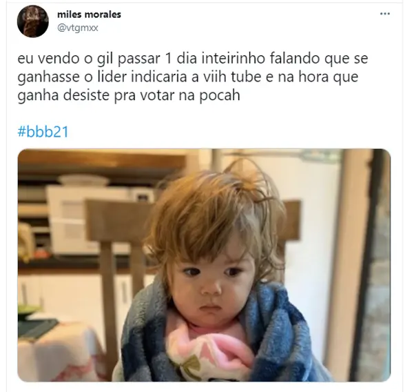 Internauta comenta indicação de Gil, que escolheu Pocah para o paredão do BBB 21 em abril de 2021