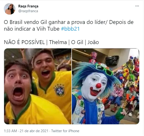 Internauta comenta indicação de Gil, que escolheu Pocah para o paredão do BBB 21 em abril de 2021