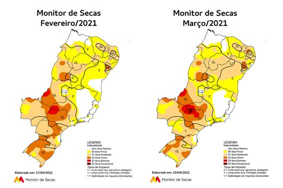 Monitor de Seca região nordeste comparação entre fevereiro e março de 2021