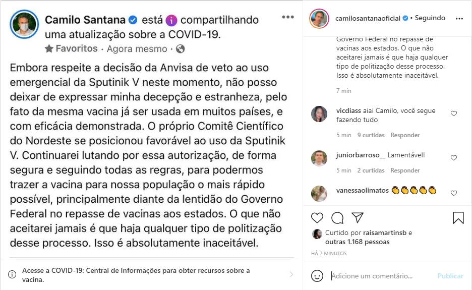 Post do governador Camilo Santana nas redes sociais