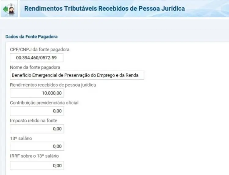 Tela do programa IRPF 2021, área de Rendimentos Tributáveis Pessoa Jurídica