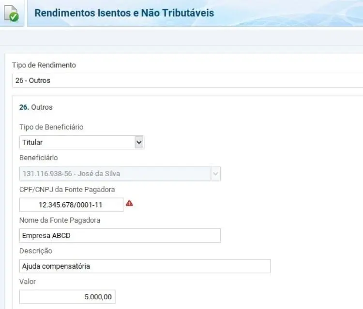 Tela do programa IRPF 2021, área de Rendimentos Isentos e Não Tributáveis