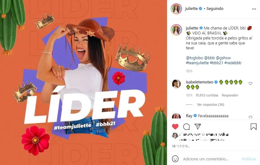 Publicação do Instagram de Juliette