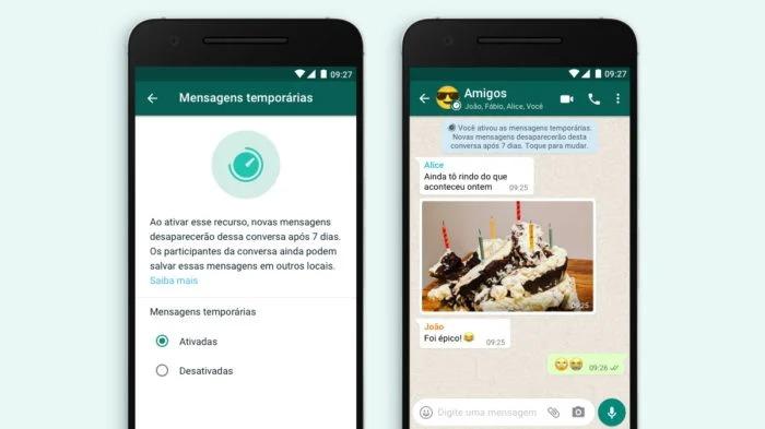 Layout do aplicativo Whatsapp que indica uso da ferramenta de mensagens temporárias