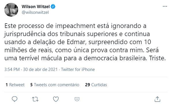 Tweet de Wilson Witzel sobre processo de impeachment