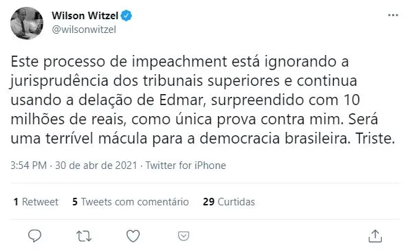 Wilson Witzel acompanhou e se posicionou contra a votação por meio das redes sociais.