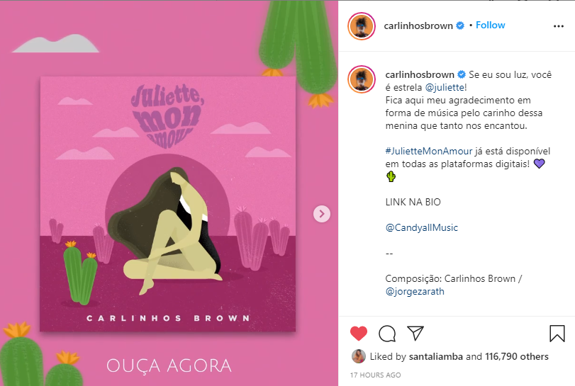 Print de publicação de Carlinhos Brown no Instagram, falando sobre música lançada para Juliette