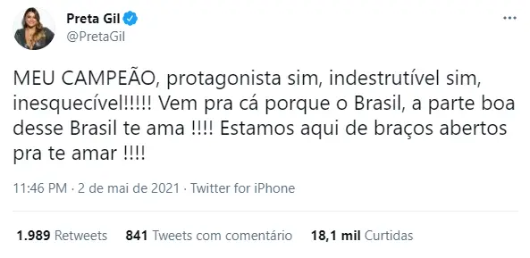 Preta Gil reage a eliminação do Gil no BBB 21