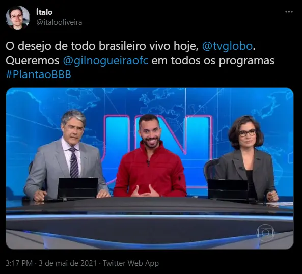 Print de meme com Gil na bancada do Jornal Nacional