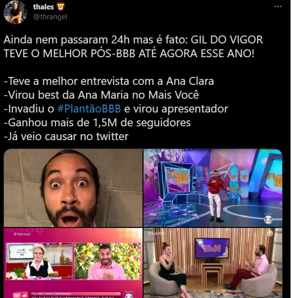 Print de tuíte sobre a saída de Gil do BBB 21